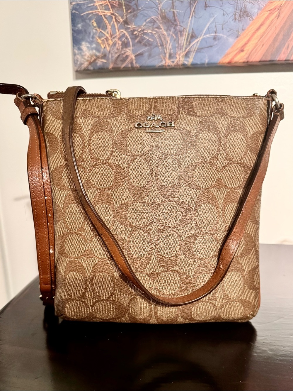 COACH Signature Canvas North South Crossbody File Bag Brown Khaki